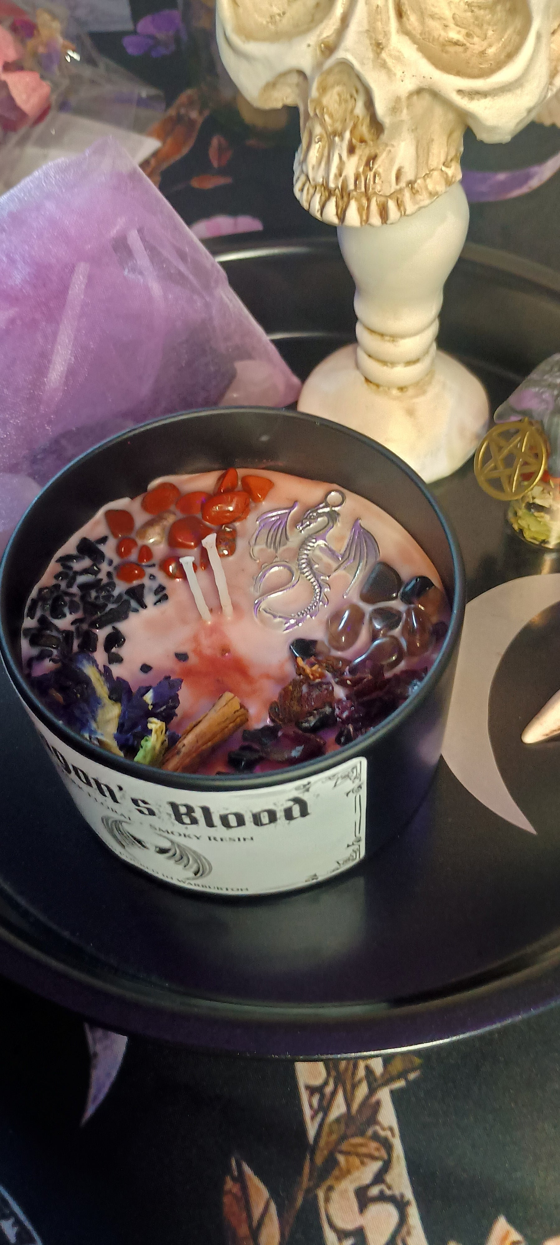 Dragons Blood Candle Jar | Herb & Crystal Infused | Red Japser Tourmaline Smoky Quartz | Cinnamon Rose