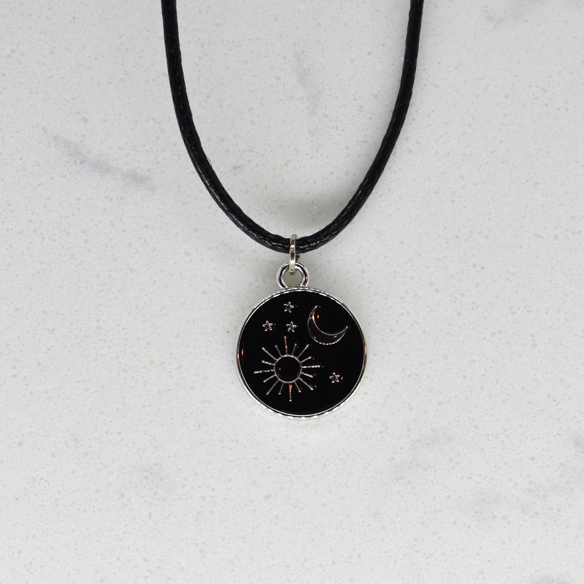 Sun Moon Goddess Enamel Black Cord Necklace