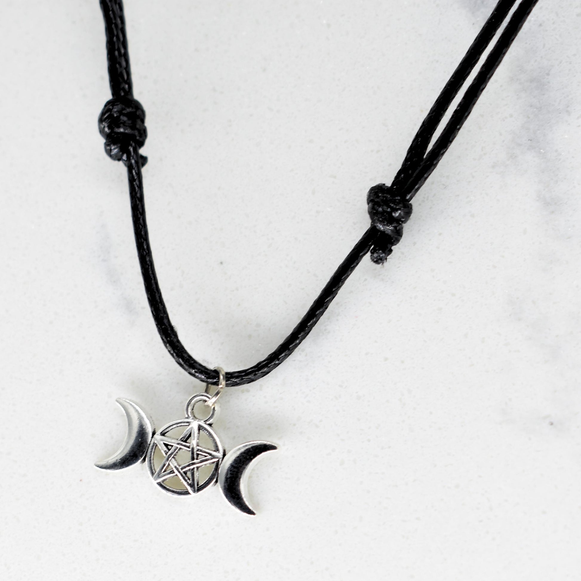 Moon Goddess Pentagram Black Cord Necklace