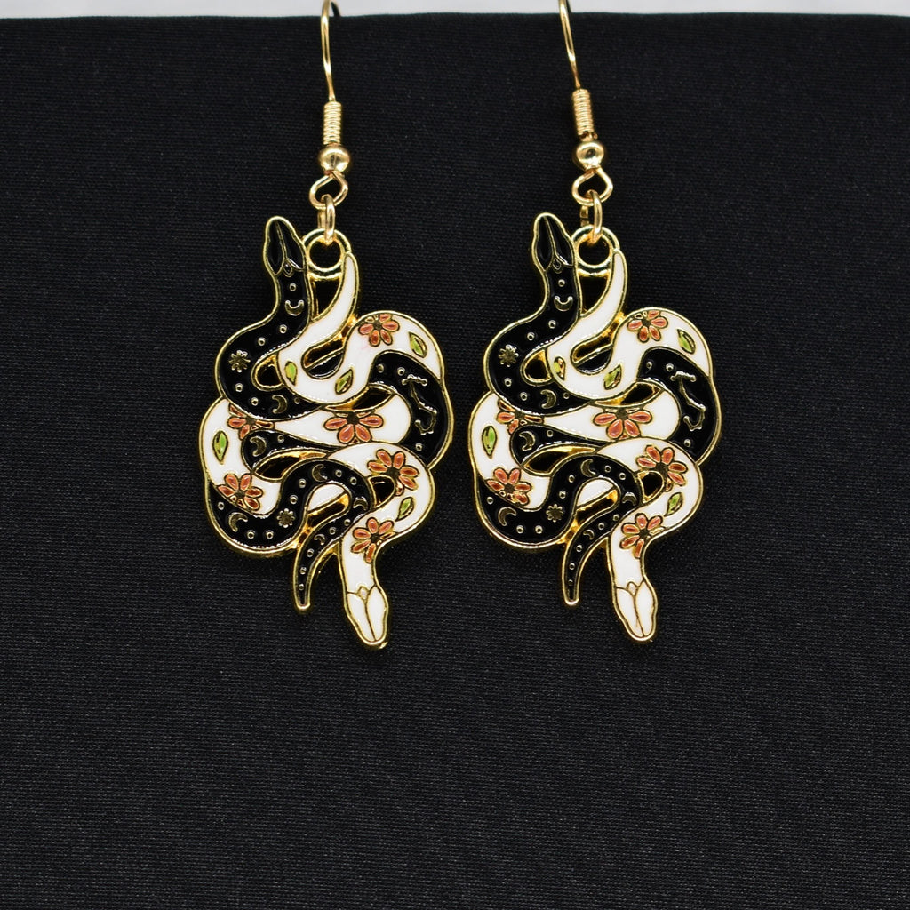 Bohemian Snake Black and White Gold Hook Earrings