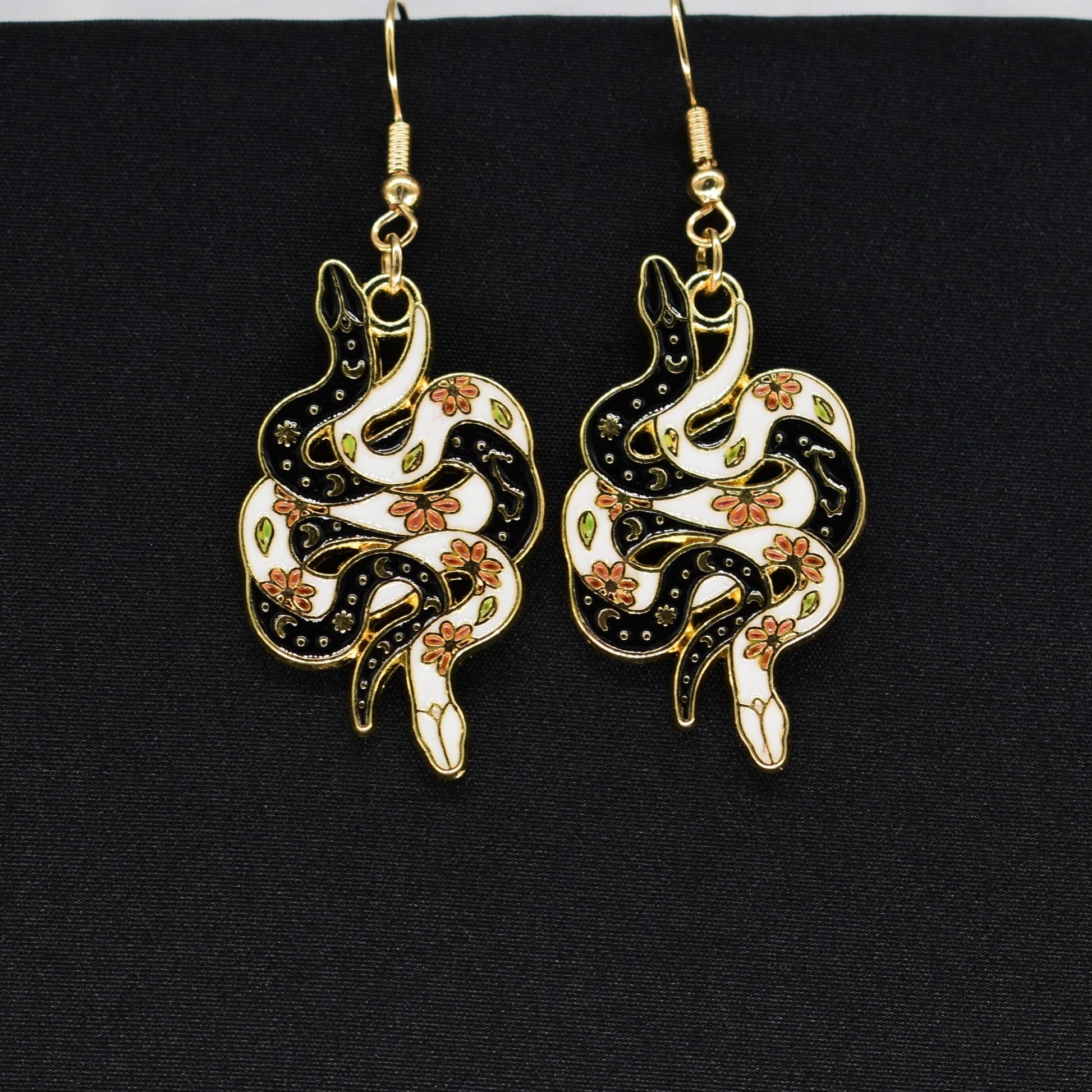 Bohemian Snake Black and White Gold Hook Earrings