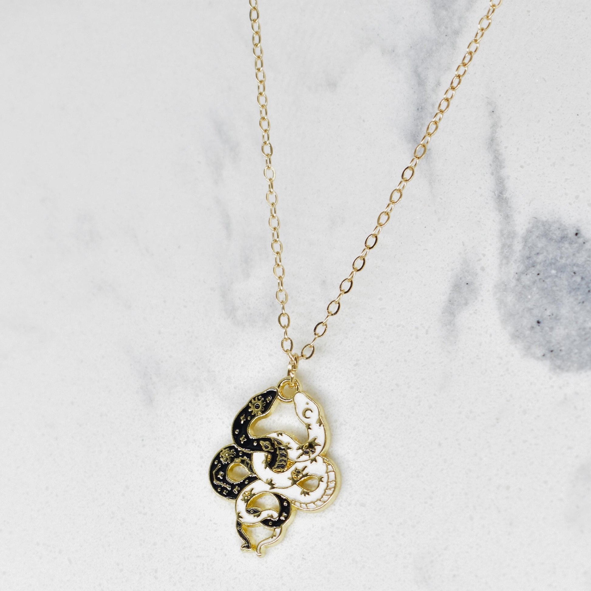Bohemian Black & White Snakes Boho Gold Chain Necklace