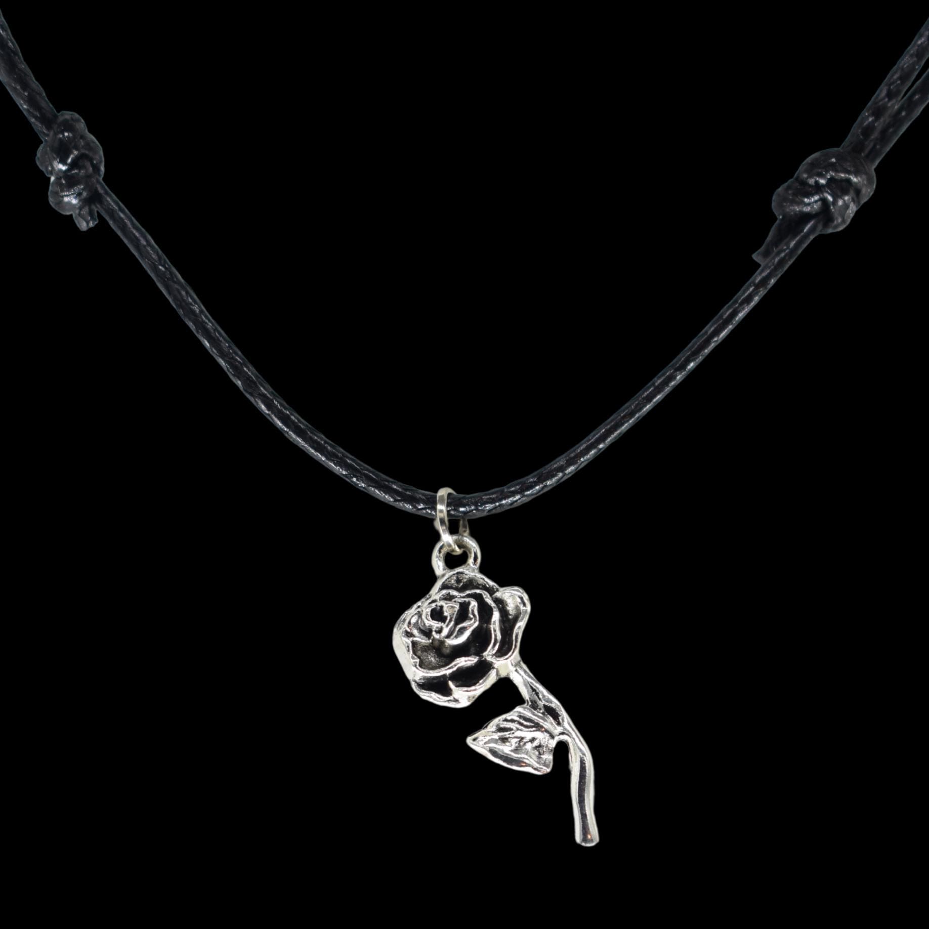 Rose Stem Black Cord Necklace