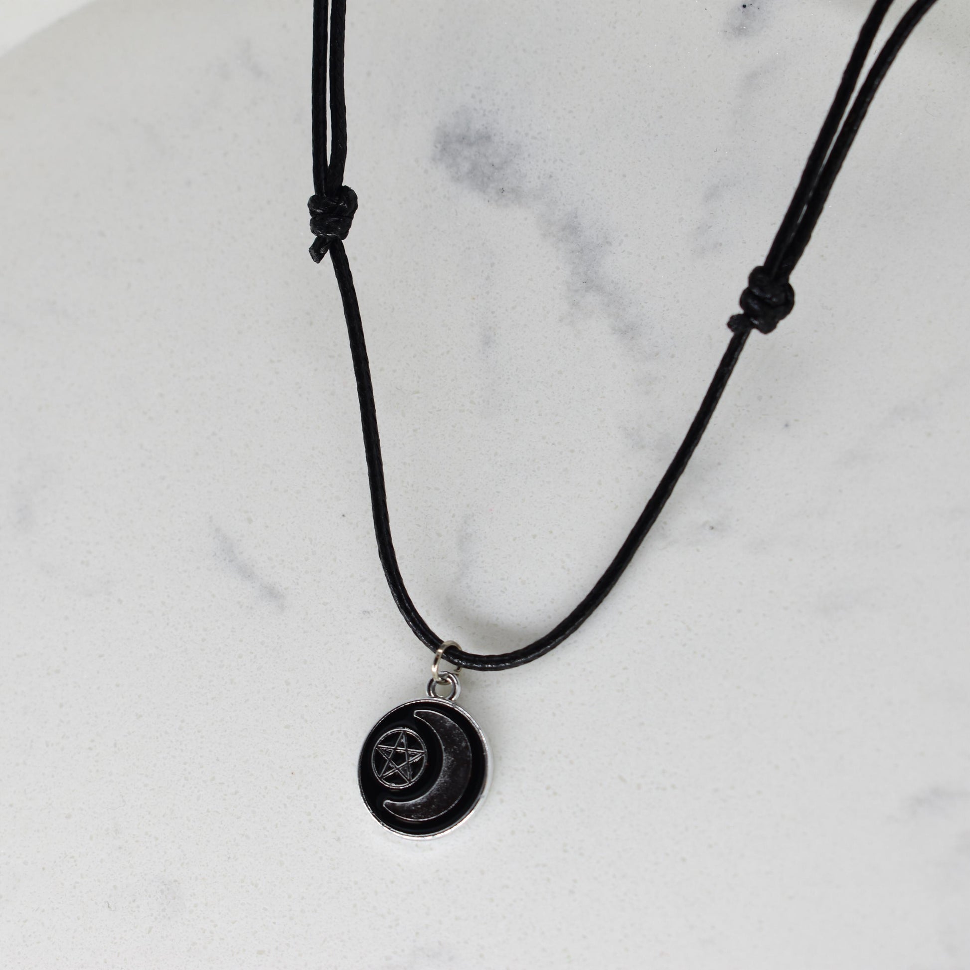 Pentagram Moon Goddess Enamel Black Cord Necklace
