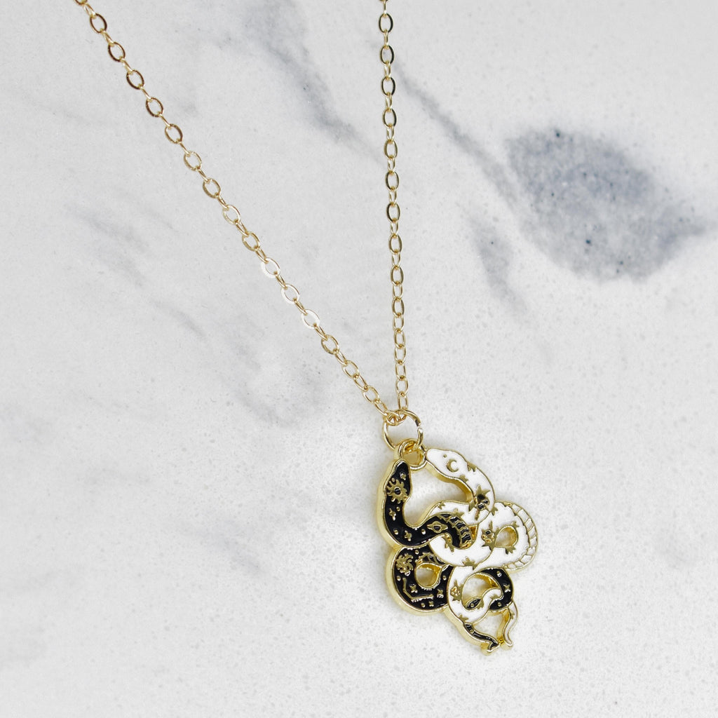 Bohemian Black & White Snakes Boho Gold Chain Necklace