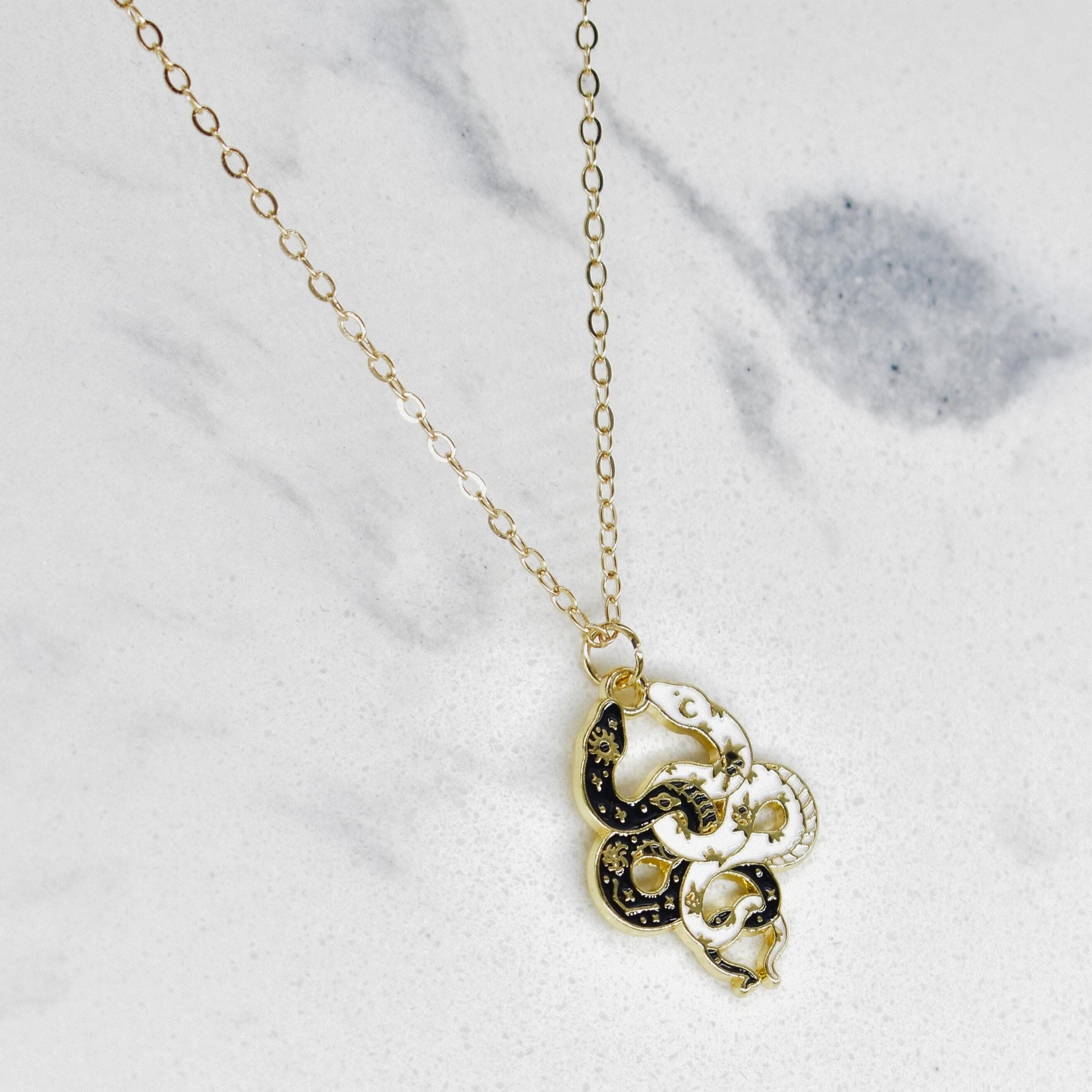 Bohemian Black & White Snakes Boho Gold Chain Necklace