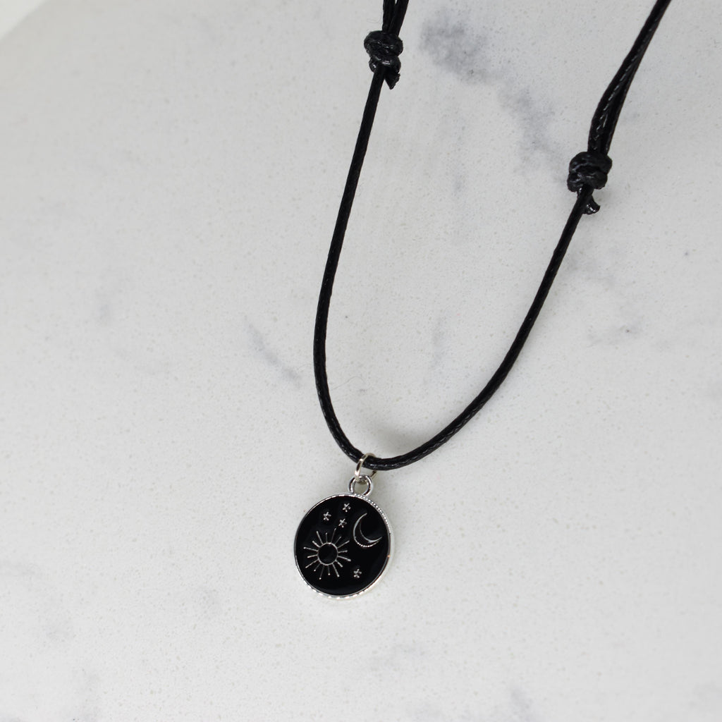 Sun Moon Goddess Enamel Black Cord Necklace