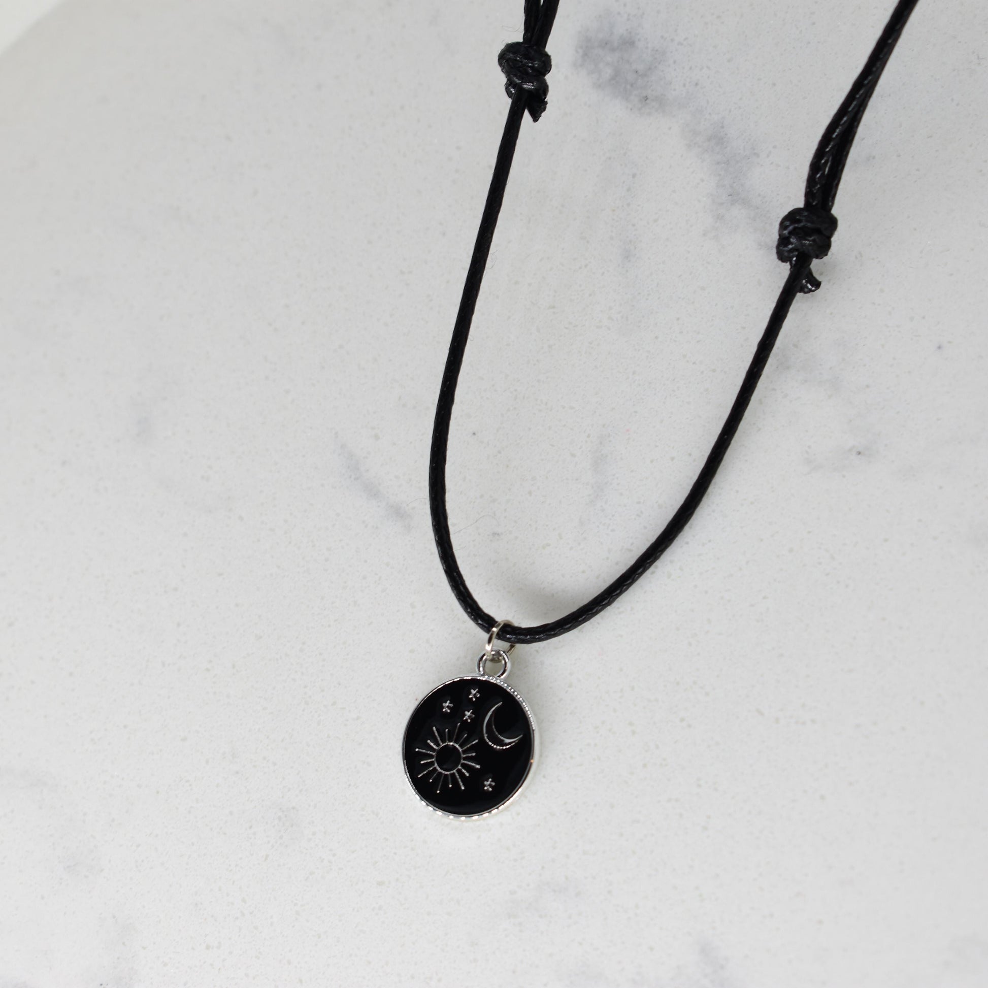 Sun Moon Goddess Enamel Black Cord Necklace