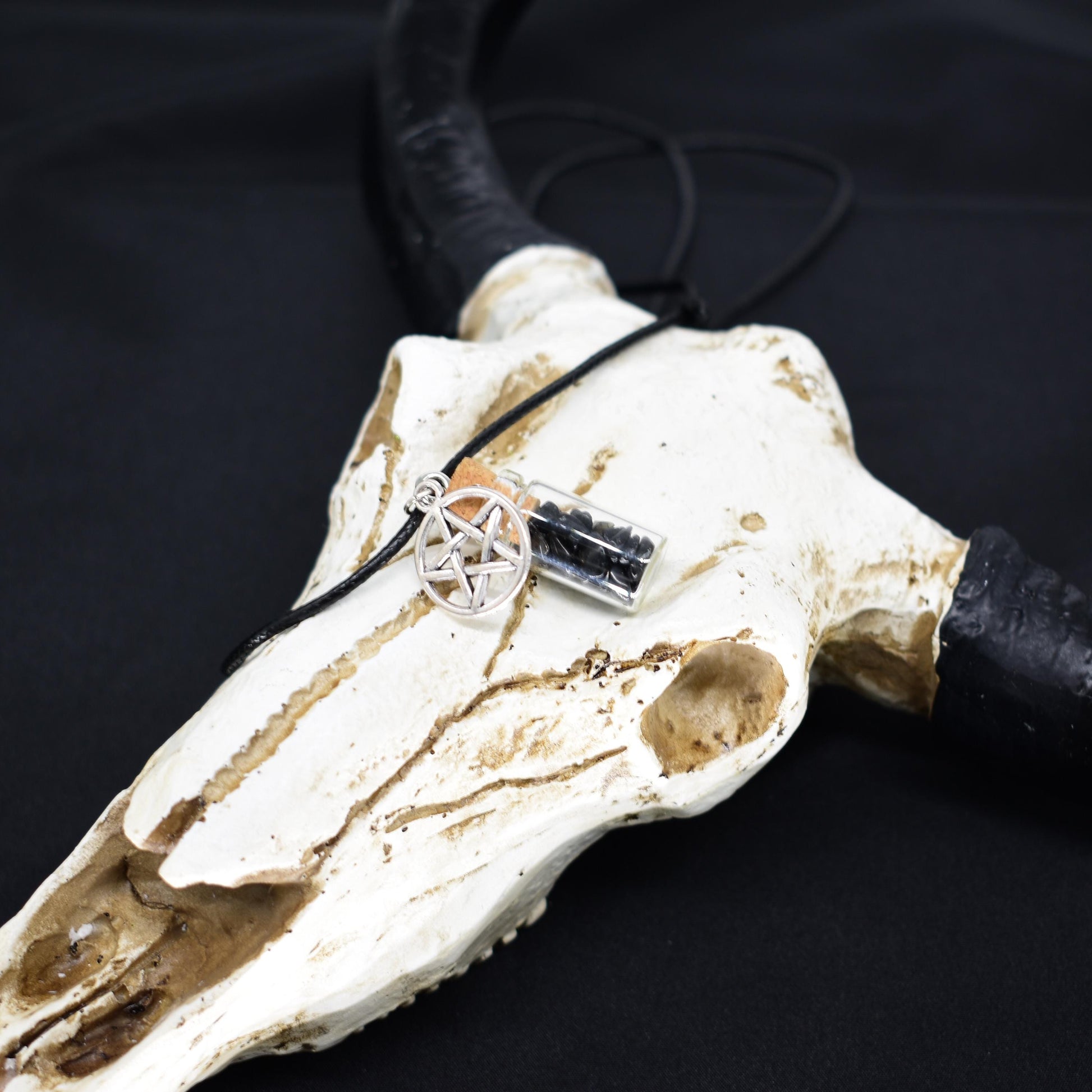 Obsidian Spell Jar Pentagram Black Cord Necklace