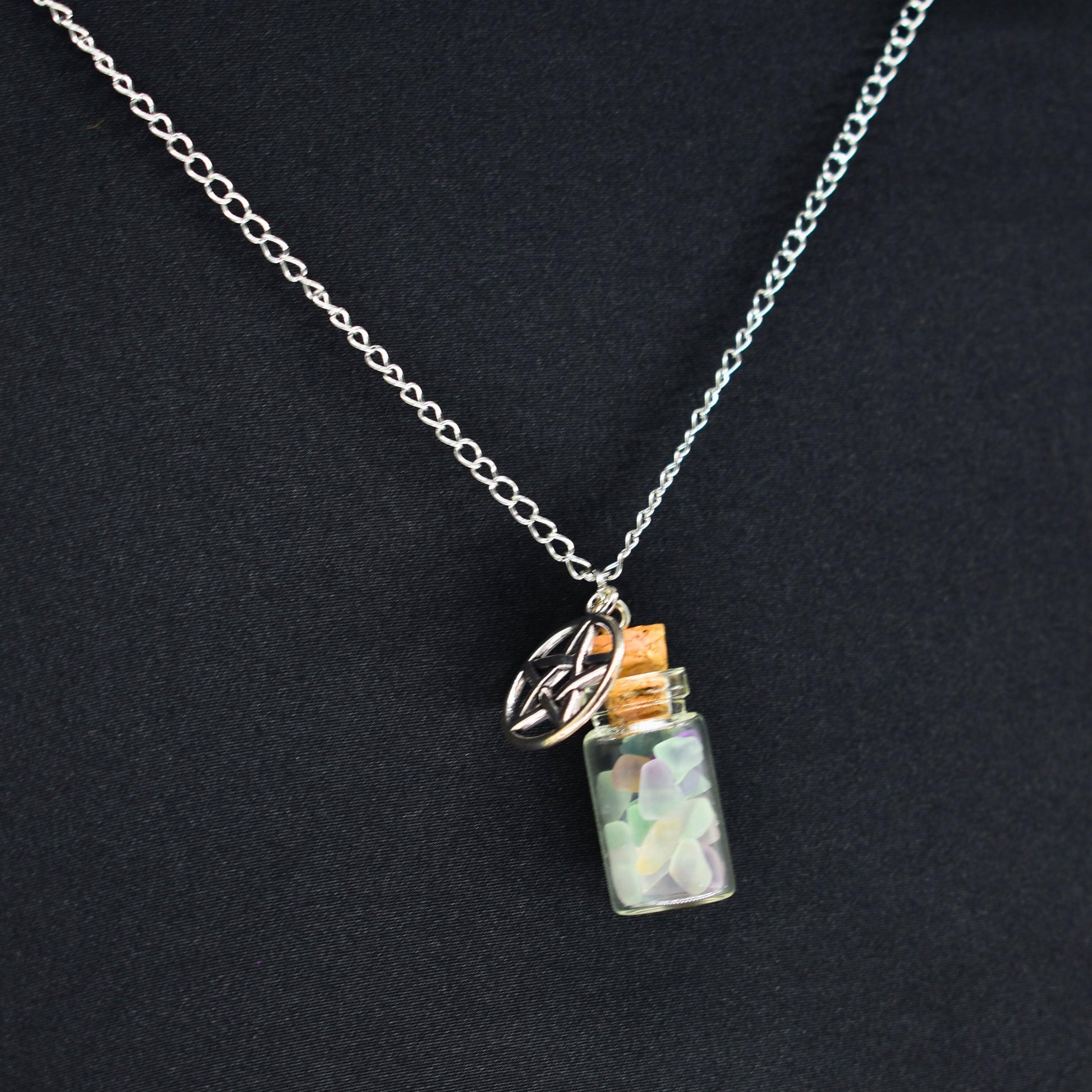Fluorite Spell Jar Pentagram Silver Chain Necklace