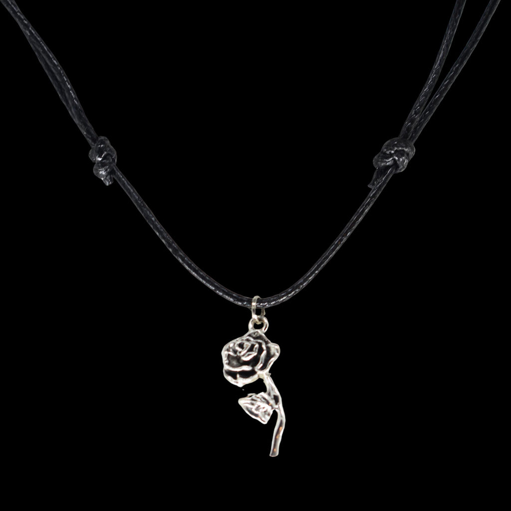 Rose Stem Black Cord Necklace