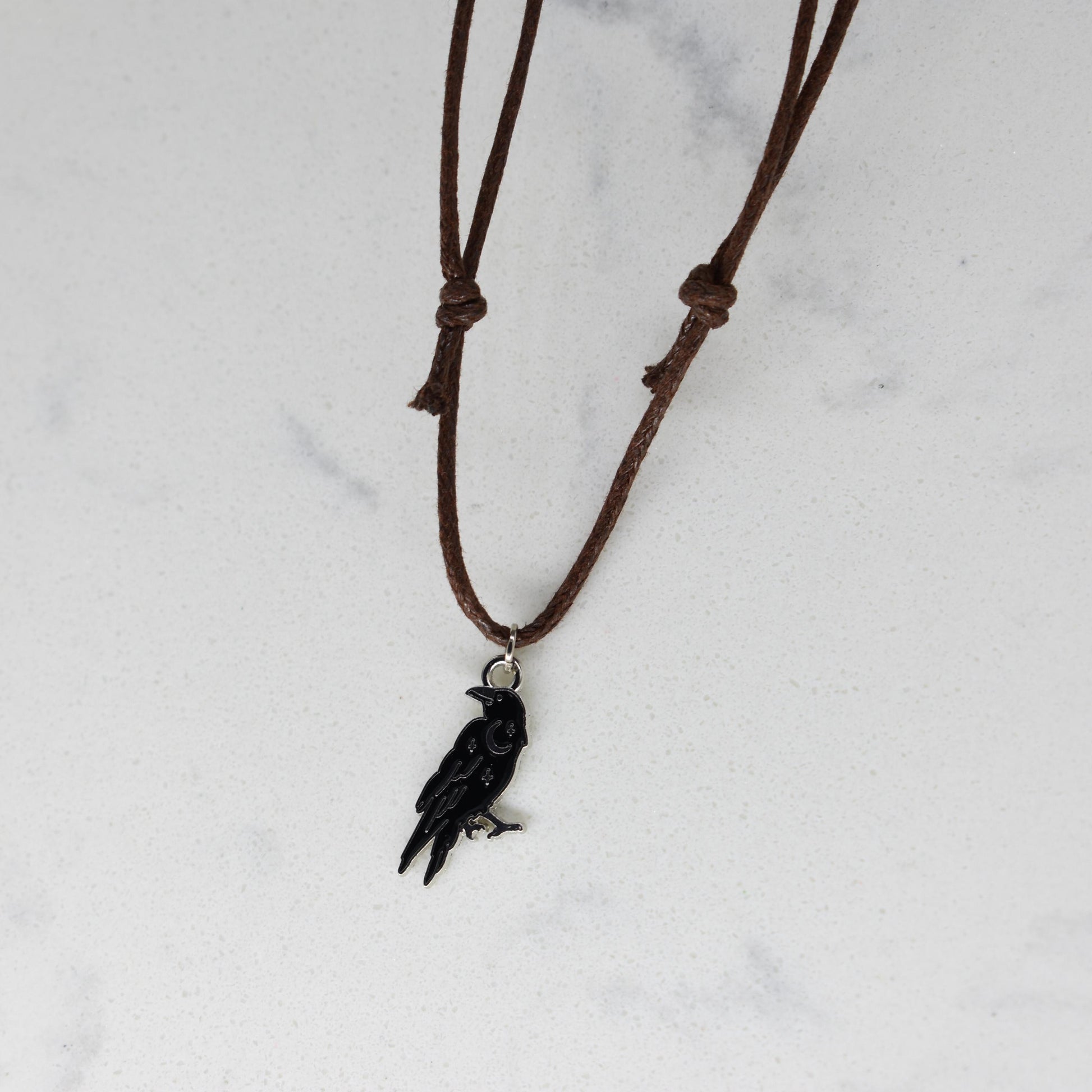 Crow Raven Enamel Brown Cord Necklace