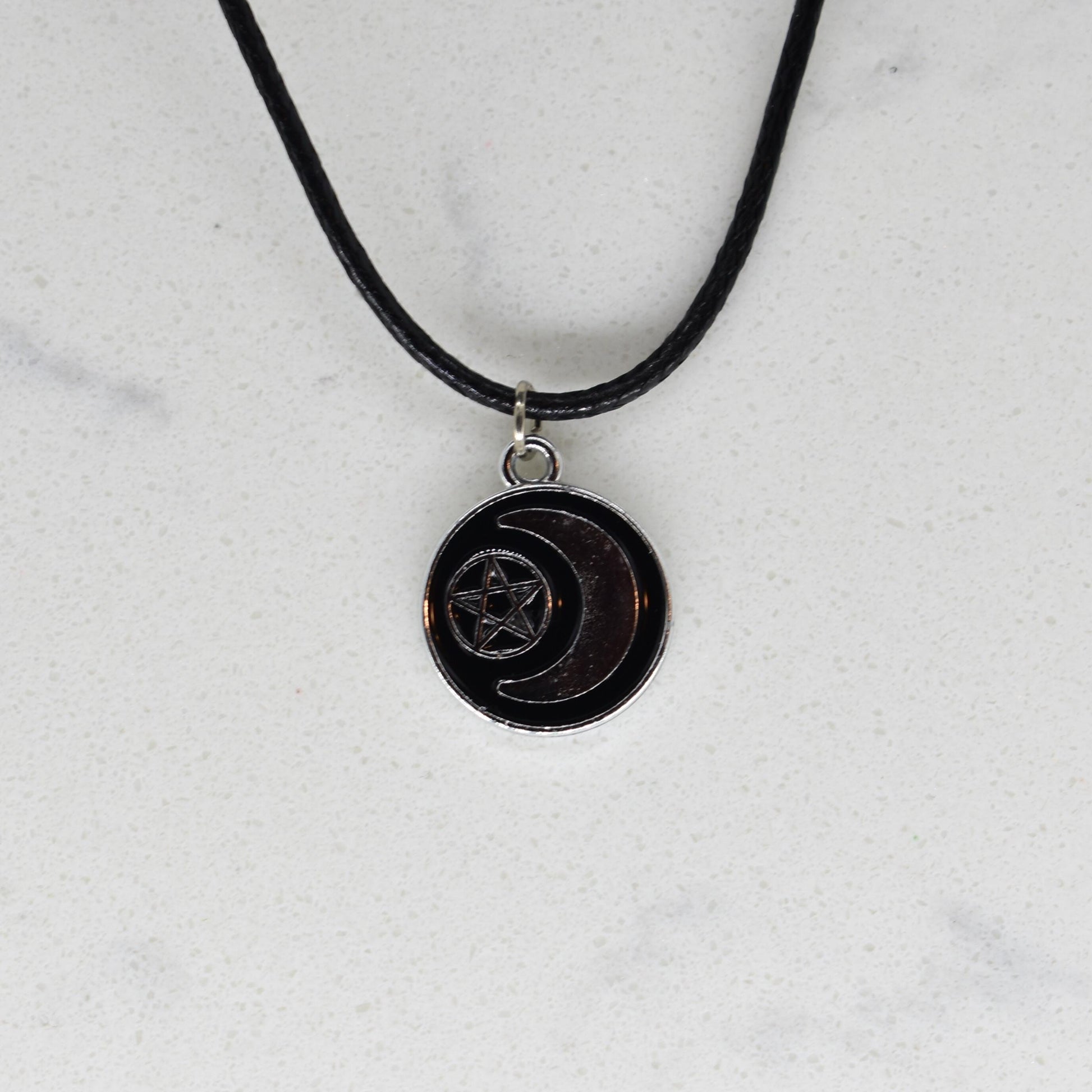 Pentagram Moon Goddess Enamel Black Cord Necklace
