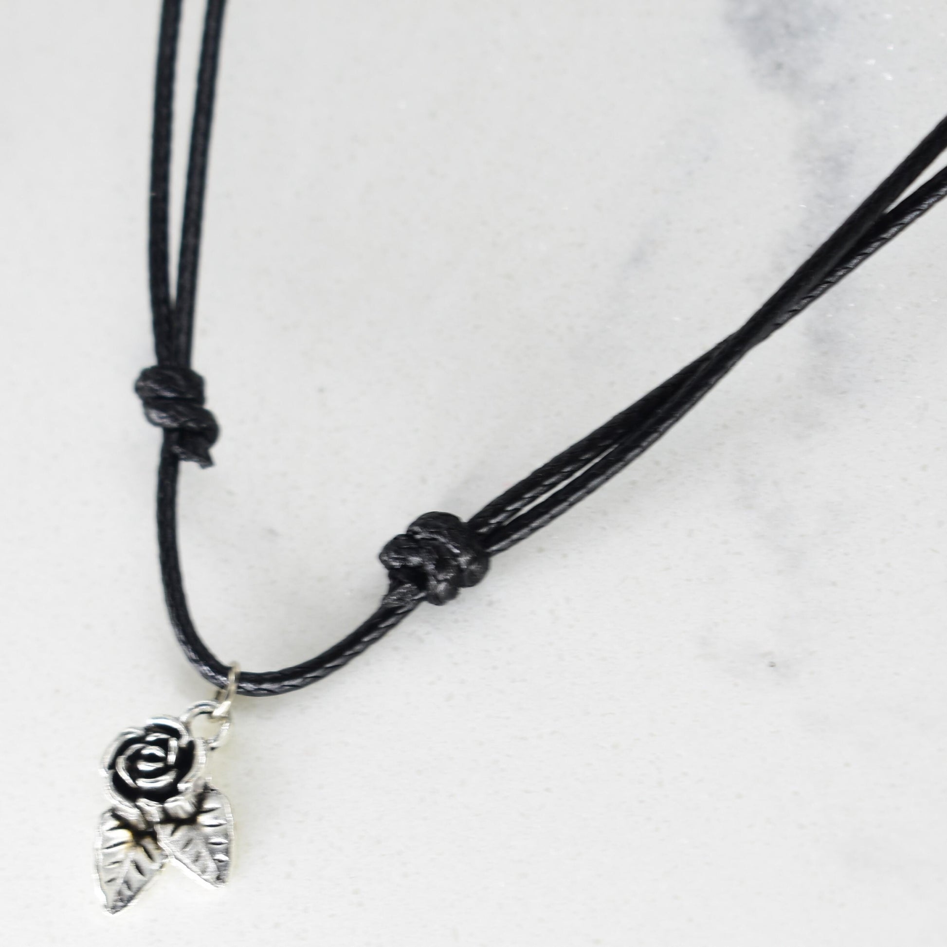 Rose Leaf Black Cord Necklace