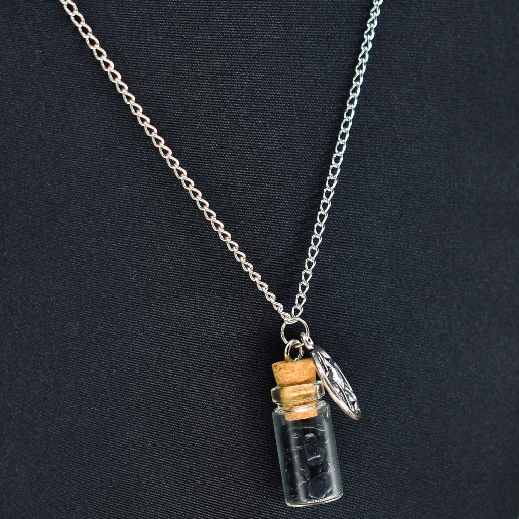 Obsidian Spell Jar Pentagram Silver Chain Necklace