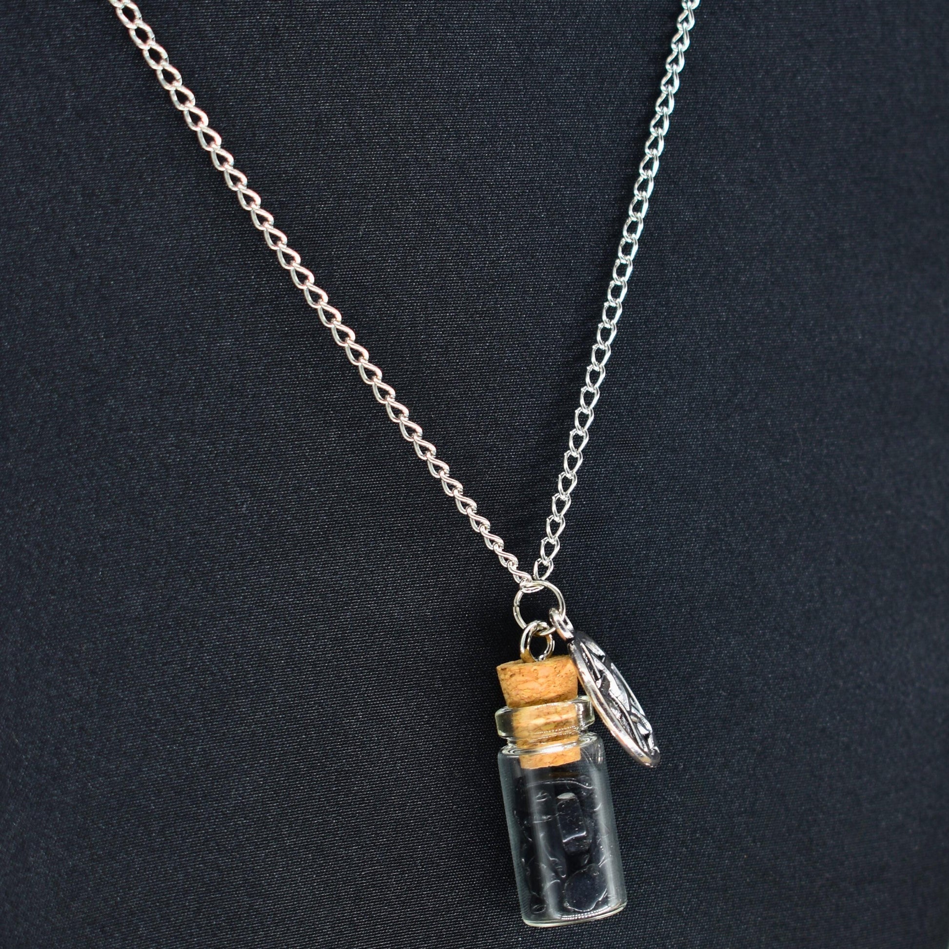 Obsidian Spell Jar Pentagram Silver Chain Necklace